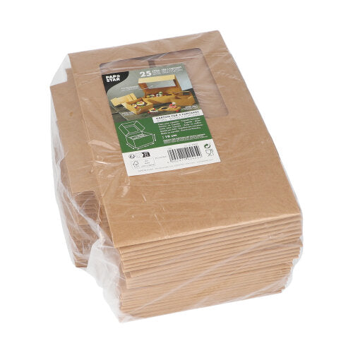 Stoh PAPSTAR 25 cupcakových krabic čtvercových 10 cm s PLA okénkem, od PAPSTAR GmbH, biologicky rozložitelný a zabalený ve fólii, s etiketou u okénka s produktovými informacemi a obrázkem použití.