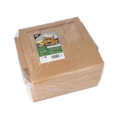 Stoh PAPSTAR 25 cupcakových krabic čtvercových 10 cm s PLA okénkem, ploché a zabalené ve fólii. Produktový štítek PAPSTAR GmbH s obrázky a textem je viditelný na vrchu biologicky rozložitelné krabice.