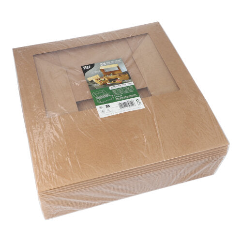 Stoh PAPSTAR 25 cupcakových krabic čtvercových 10 cm s PLA okénkem od PAPSTAR GmbH je zabalený v plastu; nahoře je produktový štítek s obrázky a textem.