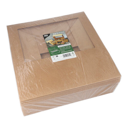 Stoh PAPSTAR 25 cupcakových krabic čtvercových 10 cm s PLA okénkem od PAPSTAR GmbH je zabalený v plastu; nahoře je produktový štítek s obrázky a textem.