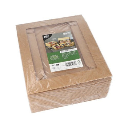 Stoh 25 PAPSTAR dortových krabic s víkem hranatých s PLA průhledným oknem od PAPSTAR GmbH, zabalený ve fólii, s etiketou nahoře, která ukazuje produktové informace a obrázky použití.