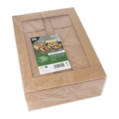 Balíček 25 PAPSTAR krabic na dorty s hranatým víkem a okénkem z PLA od společnosti PAPSTAR GmbH, zabalený v plastové fólii a opatřený zeleno-bílou etiketou s obrázky sestavených krabic.