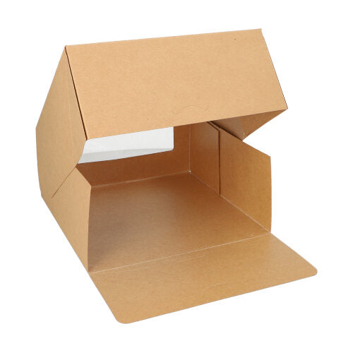 Jedna PAPSTAR 25 krabic na dorty s hranatým víkem a okénkem z PLA od společnosti PAPSTAR GmbH, otevřená a ukazující svůj vnitřek a strukturu na bílém pozadí.