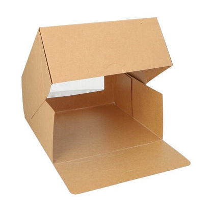 Jedna PAPSTAR 25 krabic na dorty s hranatým víkem a okénkem z PLA od společnosti PAPSTAR GmbH, otevřená a ukazující svůj vnitřek a strukturu na bílém pozadí.