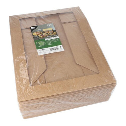 Stoh PAPSTAR 25 dortových krabic s víkem, hranatých s průhledným oknem z PLA od PAPSTAR GmbH, ekologické a zabalené ve fólii. Nahoře je zeleno-bílá produktová etiketa s obrázky a textem.