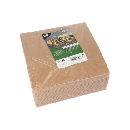 Hromada hnědých papírových ubrousků v průhledném plastovém obalu se zeleno-bílou etiketou společnosti PAPSTAR GmbH, na které jsou obrázky potravinových obalů a informace o „PAPSTAR 25 krabic na dorty s hranatým víkem a okénkem z PLA“.