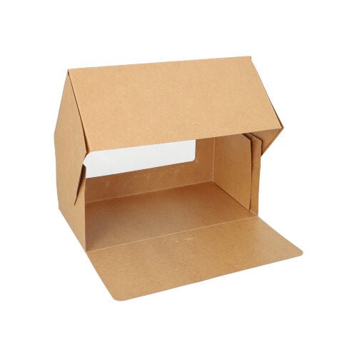 A PAPSTAR GmbH krabice na dorty: hnědá, hranatá, s víkem a okénkem z PLA, z kartonu. Balení obsahuje 25 kusů. Krabice je zobrazena na bílém pozadí s otevřeným víkem.