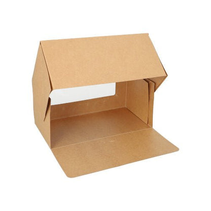 A PAPSTAR GmbH krabice na dorty: hnědá, hranatá, s víkem a okénkem z PLA, z kartonu. Balení obsahuje 25 kusů. Krabice je zobrazena na bílém pozadí s otevřeným víkem.