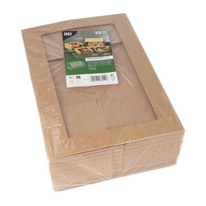 25 hranatých dortových krabic s víkem a průhledným oknem z PLA od PAPSTAR GmbH, ekologické, zabalené společně a svařené ve fólii. Nahoře na balení je zeleno-bílá produktová etiketa.