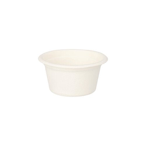 Malá, jednoduchá, bílá PAPSTAR miska na dresink z cukrové třtiny (6 cm, 50 kusů) od PAPSTAR GmbH - ekologický jednorázový kelímek - je zobrazena na bílém pozadí.