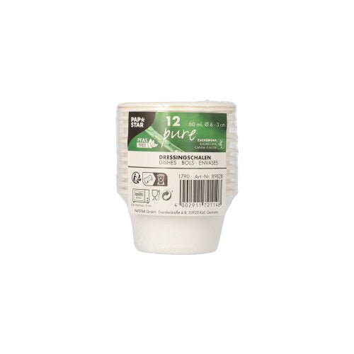 Miska na dresink z cukrové třtiny "pure" Ø 6 cm, bílá, sada 12 kusů je malý, bílý, žebrovaný jednorázový kelímek na dresinky (60 ml), šetrný k životnímu prostředí a biologicky odbouratelný, od PAPSTAR GmbH. Včetně čárových kódů a recyklačních symbolů na zabaleném obalu (12 kusů).