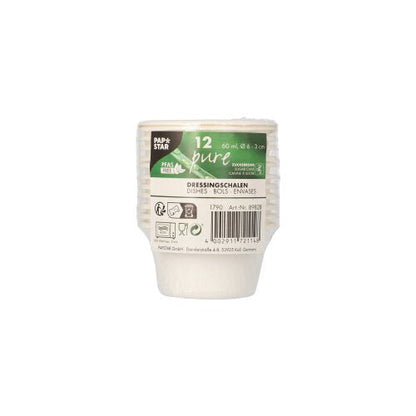 Miska na dresink z cukrové třtiny "pure" Ø 6 cm, bílá, sada 12 kusů je malý, bílý, žebrovaný jednorázový kelímek na dresinky (60 ml), šetrný k životnímu prostředí a biologicky odbouratelný, od PAPSTAR GmbH. Včetně čárových kódů a recyklačních symbolů na zabaleném obalu (12 kusů).