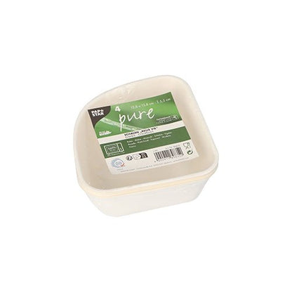 Stoh čtyř bílých PAPSTAR „pure“ Belle Vie, Ligne Carrée cukrových misek s zeleno-bílou etiketou s informacemi o produktu a recyklačními symboly. Biologicky odbouratelné misky pocházejí od PAPSTAR GmbH a jsou vyrobeny na rostlinné bázi.