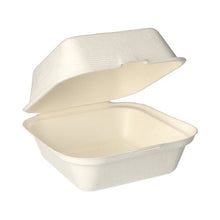 Die PAPSTAR Hamburger-Boxen Zuckerrohr "pure" (8x14x15 cm, weiß) der PAPSTAR GmbH ist ein weißer, rechteckiger Takeout-Behälter mit Scharnierdeckel aus kompostierbarem Zuckerrohr, perfekt für umweltfreundliche Mahlzeiten. Packung mit 25 Stück.