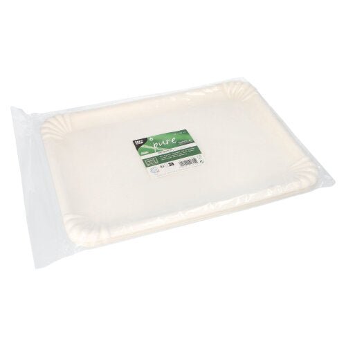 Balení 6 obdélníkových bílých PAPSTAR servírovacích táců cukrová třtina "pure" (26x35 cm) ve smršťovací fólii se zeleno-bílou etiketou; biologicky odbouratelné a šetrné k životnímu prostředí.