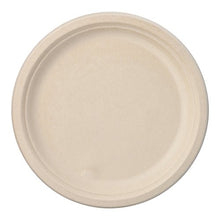 Jednoduchý, kulatý PAPSTAR 50 talíř cukrové třtiny "pure" od PAPSTAR GmbH, vyrobený z kompostovatelného materiálu. Je béžový s mírně zvýšeným okrajem, bez dekorací a zobrazený shora na bílém podkladu.