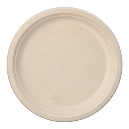 Jednoduchý, kulatý PAPSTAR 50 talíř cukrové třtiny "pure" od PAPSTAR GmbH, vyrobený z kompostovatelného materiálu. Je béžový s mírně zvýšeným okrajem, bez dekorací a zobrazený shora na bílém podkladu.
