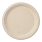 Jednoduchý, kulatý PAPSTAR 50 talíř cukrové třtiny "pure" od PAPSTAR GmbH, vyrobený z kompostovatelného materiálu. Je béžový s mírně zvýšeným okrajem, bez dekorací a zobrazený shora na bílém podkladu.
