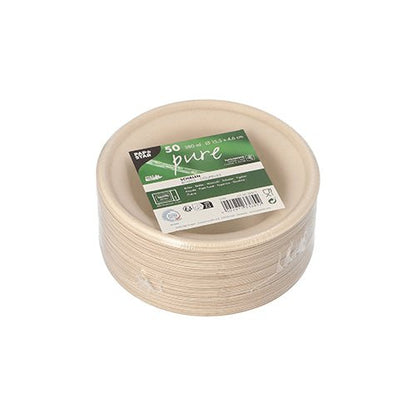 Stoh kulatých PAPSTAR misek z cukrové třtiny "pure", Ø 15,5 cm, přírodní, 380 ml (50 kusů) od PAPSTAR GmbH, biologicky odbouratelných a zabalených ve smršťovací fólii. Zeleno-bílý horní štítek zobrazuje detaily, loga a čárový kód.