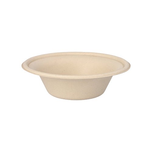 Přírodní, kulatá PAPSTAR miska z cukrové třtiny "pure" (Ø 15,5 cm, 380 ml) od PAPSTAR GmbH je zobrazena z bočního pohledu na bílém pozadí. Biologicky odbouratelná jednorázová miska je dodávána v balení po 50 kusech.