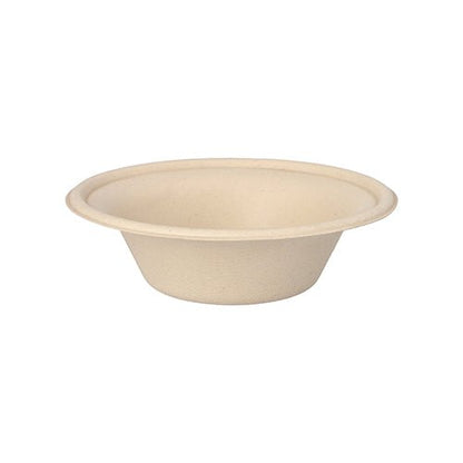 Přírodní, kulatá PAPSTAR miska z cukrové třtiny "pure" (Ø 15,5 cm, 380 ml) od PAPSTAR GmbH je zobrazena z bočního pohledu na bílém pozadí. Biologicky odbouratelná jednorázová miska je dodávána v balení po 50 kusech.