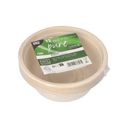 Balení s 12 PAPSTAR miskami z cukrové třtiny „pure“ (500 ml, 15,5 x 5,4 cm), biologicky odbouratelné a ekologické, ideální pro udržitelný život; od PAPSTAR GmbH.