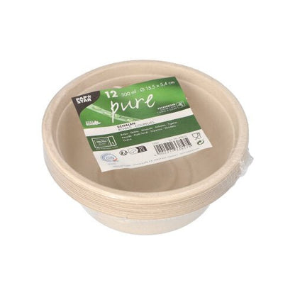 Balení s 12 PAPSTAR miskami z cukrové třtiny „pure“ (500 ml, 15,5 x 5,4 cm), biologicky odbouratelné a ekologické, ideální pro udržitelný život; od PAPSTAR GmbH.