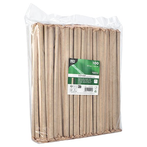 Průhledné plastové balení se 100 PAPSTAR shake-brčky papírovými brčky (černá, Ø 8 mm, 25 cm, jednotlivě zabalená) od PAPSTAR GmbH, se zeleno-bílou etiketou na přední straně.