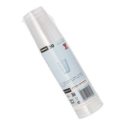 Balíček s 20 opakovaně použitelnými pitnými poháry Starpak, PP, 0,1 l, Ø5,2 cm × 7,4 cm, průsvitný a nerozbitný, zabalený v plastu, s etiketou s podrobnostmi o produktu, ilustrací šálků, čárovými kódy a recyklačními symboly.