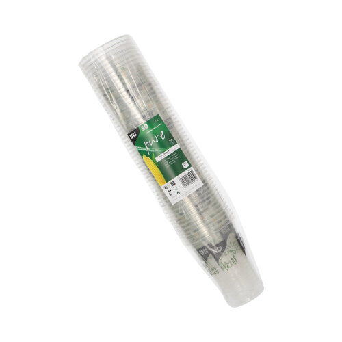 Stoh průhledných PAPSTAR 50 kelímků PLA „Kelímek z kukuřice“ od PAPSTAR GmbH, zabalený v plastu se zelenou etiketou s nápisem „50 kelímků“, obrázkem kukuřice a textem, který zdůrazňuje tyto ekologické kelímky.