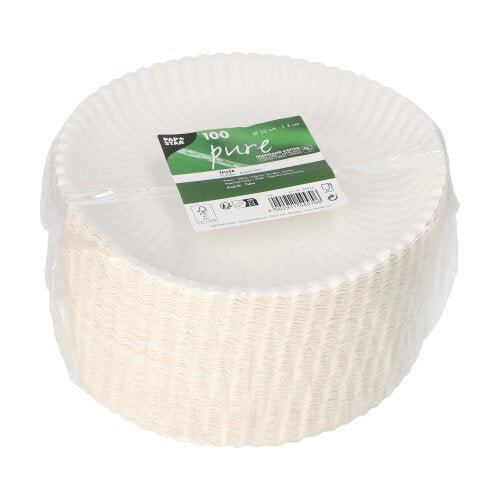 100 ekologických, kulatých PAPSTAR PAPÍROVÝCH TALÍŘŮ hlubokých (Ø 22 cm) z papíru "pure" v fóliovém balení se zeleno-bílou etiketou od PAPSTAR GmbH.
