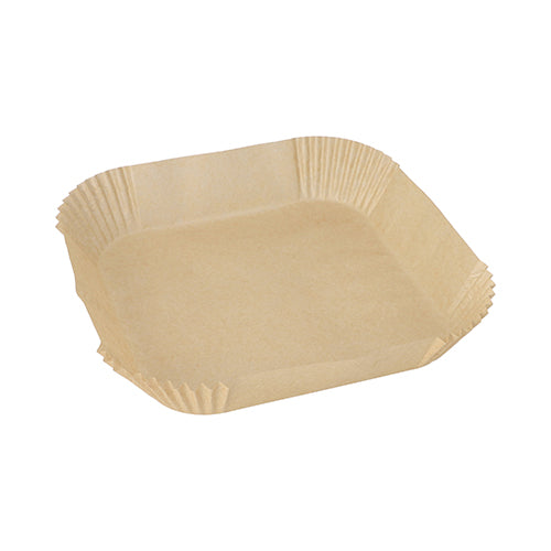 100 pečicích papírů pro horkovzdušné fritézy čtvercové od PAPSTAR GmbH jsou nebělené, hnědé, čtvercové pečicí papíry s plisovanými stranami a nepřilnavým povrchem, ideální pro horkovzdušné fritézy. Zobrazeno na bílém pozadí.