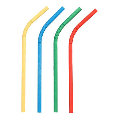 Čtyři flexibilní PAPSTAR Shake-Halme papírové brčka (Ø 8 mm, 25 cm) v barvách žlutá, modrá, zelená a červená od PAPSTAR GmbH jsou svisle vedle sebe uspořádány na bílém pozadí.