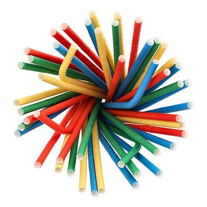 Pohled shora na barevné PAPSTAR Shake-Halme papírové brčka (Ø 8 mm, 25 cm, barevně tříděné, flexibilní, 100 kusů) od PAPSTAR GmbH, uspořádané do kruhového svazku s otevřenými červenými, modrými, zelenými a žlutými ekologickými brčky na bílém pozadí.