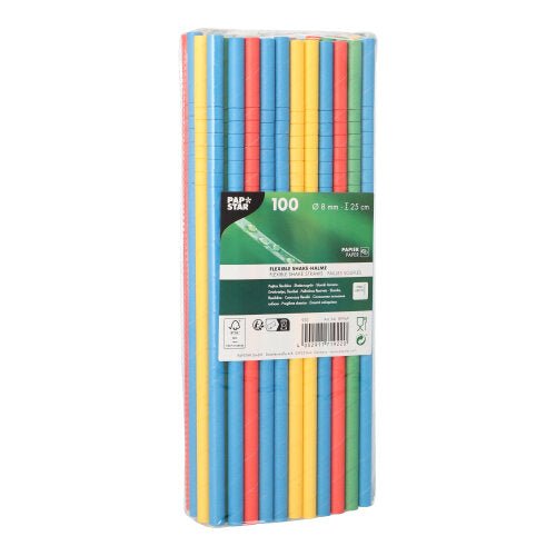 Balení 100 kusů PAPSTAR GmbH Shake-Halme papírové brčka, Ø 8 mm, 25 cm, v různých flexibilních barvách. Zabaleno v průhledném plastu se zelenou etiketou - ideální pro párty nebo každodenní použití.