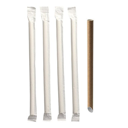 Zobrazeno je pět PAPSTAR Bubble Tea brček "pure" (Ø 12 mm, 20 cm, hnědé, špičaté | fólie) od PAPSTAR GmbH; čtyři jednotlivě balené a jedno nebalené, všechny uspořádané svisle na bílém pozadí.