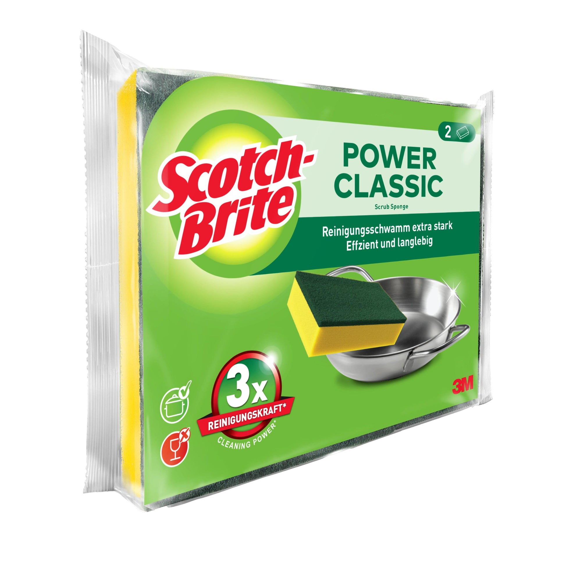 Abgebildet ist eine Verpackung der 3M Deutschland GmbH Scotch-Brite® Classic Reinigungsschwamm mit zwei Schwämmen. Auf der überwiegend grünen Verpackung sind ein Schwamm und ein Metalltopf abgebildet, dazu englischer und deutscher Text.