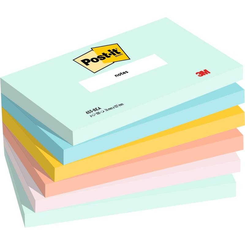 Stoh šesti 76 x 127 mm velkých Post-it® poznámkových bloků (každý 100 listů) v pastelových barvách od 3M Deutschland GmbH. Každý blok je opatřen logem Post-it a logem 3M a je vyroben ze 100 % z papíru s certifikací PEFC.