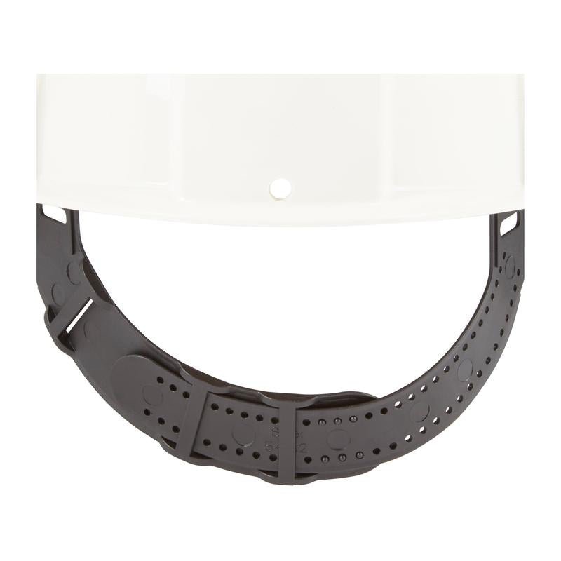 Detailní záběr na ochrannou přilbu 3M™ G3000C Uvicator od 3M Deutschland GmbH ukazuje černý plastový hlavový pás s otvory pro nastavení velikosti a zámkem, který zdůrazňuje důraz na ochranu při práci.