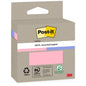 Eine braune Pappschachtel mit Post-it® Recycling Notes, 76x76mm, 100 Blatt, 100% PEFC von 3M Deutschland GmbH, mit Recycling- und PEFC-Logo, einer rosafarbenen Musternotiz und einem grünen Etikett "Made with renewable resource adhesive".