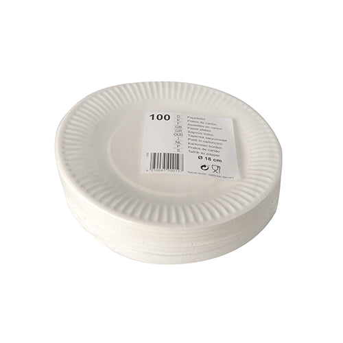Stoh Starpak 100 talířů, papír kulatý, bílý, s vroubkovaným okrajem a etiketou s čárovým kódem, která uvádí 100 talířů s průměrem 23 cm.