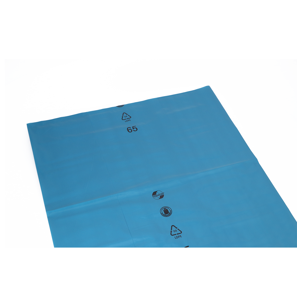 Eine flache blaue Kunststofffolie (DEISS 90039, 800x1200x0,1 mm, Packung 1 Stück) der EMIL DEISS KG (GmbH + Co.) mit Recycling-Symbolen und der schwarzen Zahl 65, die für eine dauerhafte Lagerung konzipiert ist. Abgebildet auf einfarbig weißem Hintergrund.