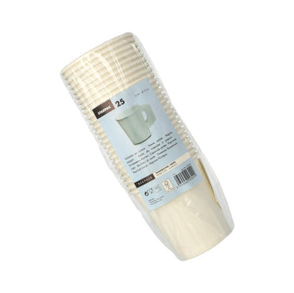 Ein in durchsichtige Folie eingewickelter Stapel aus 25 weißen Starpak-Einweg-Pappbechern (je 0,18 l, Ø 7,3 cm, 7,8 cm hoch) mit Henkeln, beschriftet mit dem Starpak-Logo und Produktdetails.