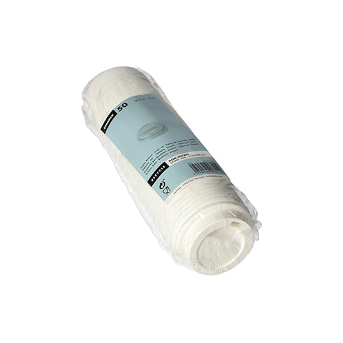 Zobrazeno je balení z plastu obsahující 50 bílých víček Starpak 50 Dom-Deckel PS „To Go“ (kulaté, Ø6 cm, 2 cm) s modrou etiketou Starpak na bílém pozadí – ideální pro balení s sebou.