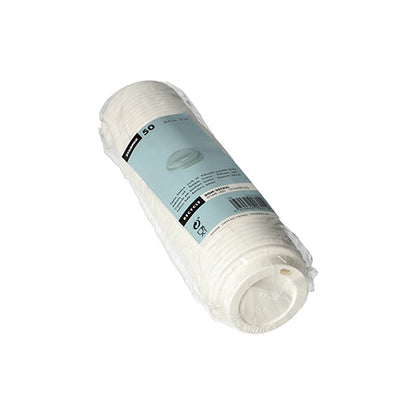 Zobrazeno je balení z plastu obsahující 50 bílých víček Starpak 50 Dom-Deckel PS „To Go“ (kulaté, Ø6 cm, 2 cm) s modrou etiketou Starpak na bílém pozadí – ideální pro balení s sebou.