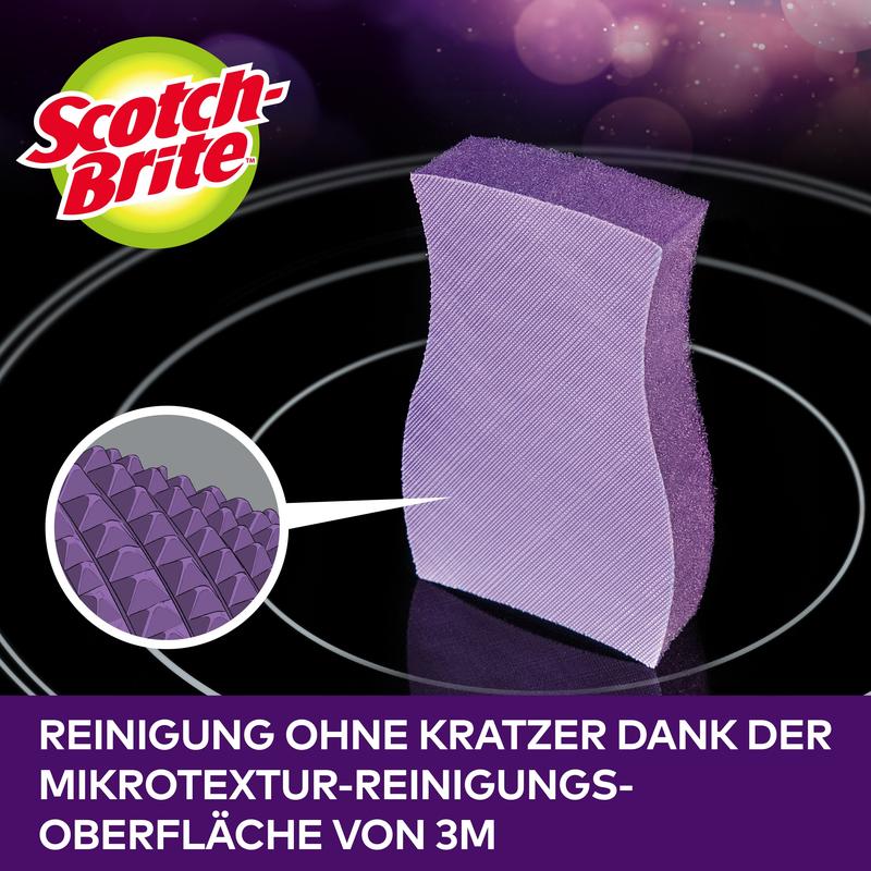 Detailní záběr čisticí houbičky na sklokeramiku Scotch-Brite™ od 3M Deutschland GmbH ukazuje mikrostrukturu povrchu pro nepoškrábající čištění sklokeramických varných desek. Balení obsahuje 1 kus.