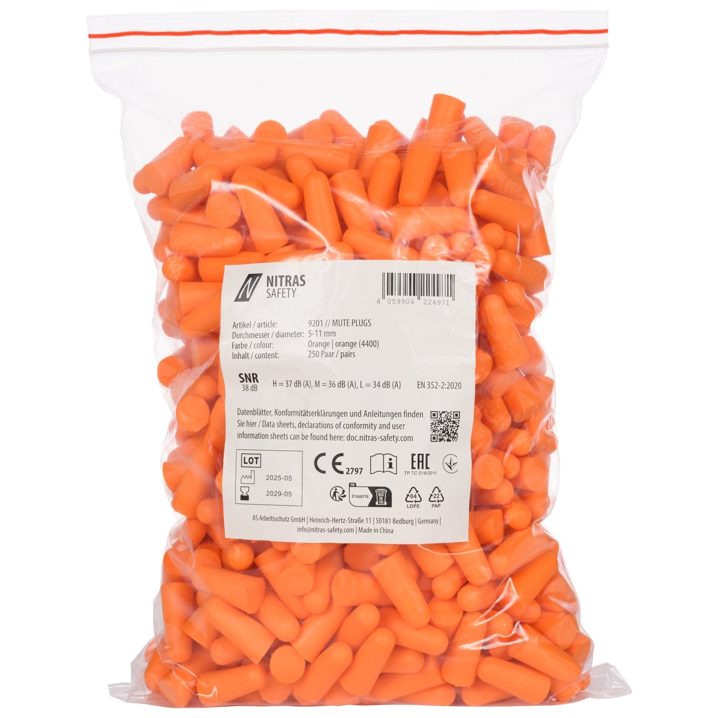 NITRAS MUTE PLUGS, špunty do uší, oranžové, EN 352-2, 250 párů / sáček PU | Balení (1 kus)
