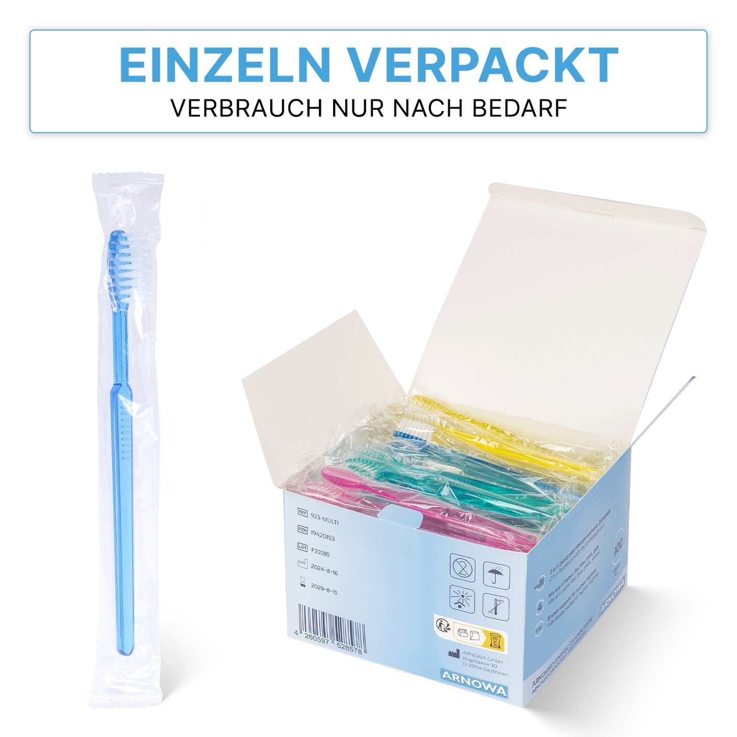 Eine blaue ARNOMED Einweg Zahnbürste mit Zahnpasta von ARNOWA GmbH liegt neben einer offenen Box (100 Stück) mit sortierten Farben. Text oben: "EINZELN VERPACKT VERBRAUCHT NUR NACH BEDARF." Ideal für die Hygiene: praktische Dentalprodukte.