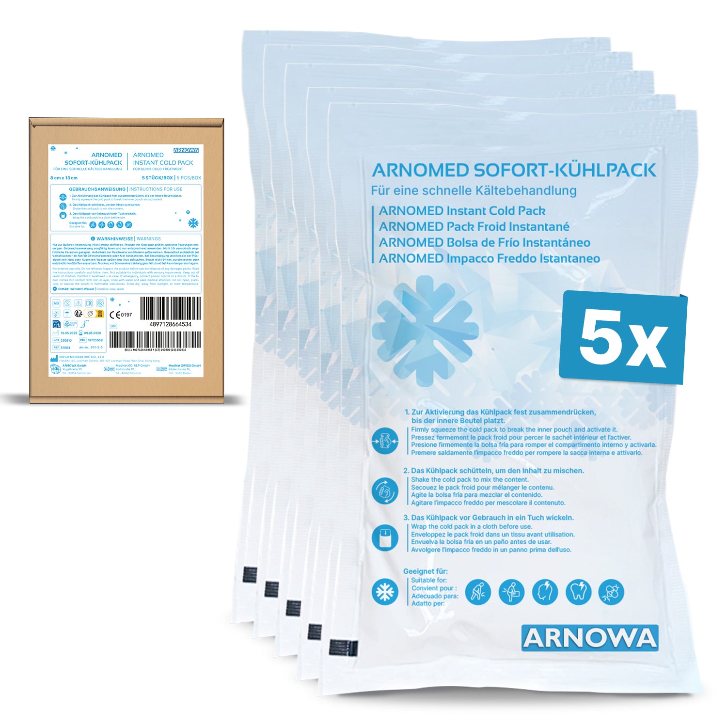 Fünf ARNOMED SOFORTKÄLTEKOMPRESSE der ARNOWA GmbH sind in übersichtlichen Verpackungen mit mehrsprachiger Gebrauchsanweisung neben der Schachtel aufgefächert, die Produktdetails, einen Barcode und eine "5x"-Mengenmarkierung enthält.