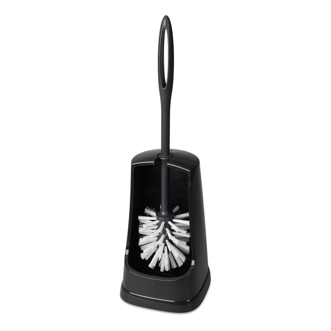 Sada WC kartáčů Nölle Profi Brush s čističem okrajů (regranulát, nesmontováno, 1 kus) od Nölle Profi Brush Bürsten- & Pinseltechnik e.K. stojí vzpřímeně v odpovídajícím černém držáku před bílým pozadím.